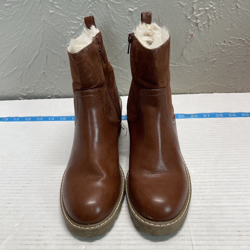 Womens Cognac Brown Faux Fur Lined Ankle Boots Block Heel Lug Sole Size 8.5